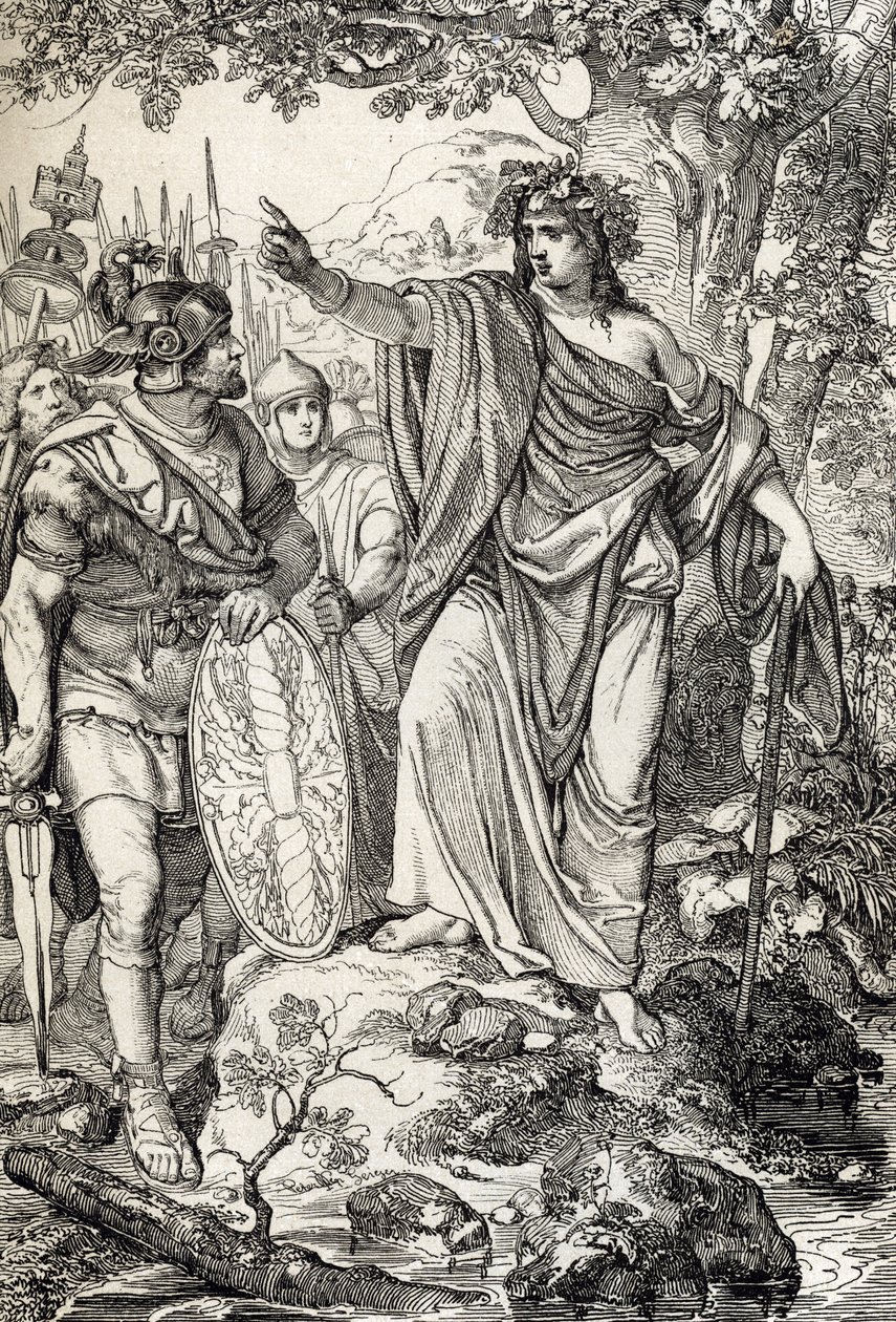 Germanicus kampagner: "" Nero Claudius Drusus Germanicus (38-9 f.Kr.) og hans hær møder en ung kvinde i regionerne mellem Weser- og Elben-floderne omkring 12 f.Kr." (Erobringen af Germanien: romangeneral Nero Claudius Drusus Germanicus og hans hæren når t af Peter Johann Nepomuck Geiger