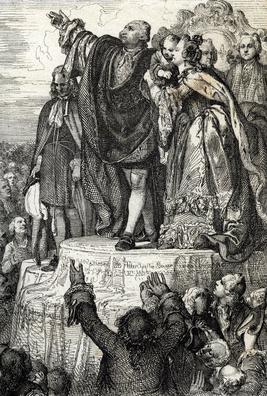 Fejring af det første nationale forbund den 14. juli 1790 på fædrelandets alter i Champs-de-Mars, i anledning af et årsdagen for erobringen af Bastillen: Kong Ludvig XVI, omgivet af sin familie, der aflagde ed på udgøre af Peter Johann Nepomuck Geiger
