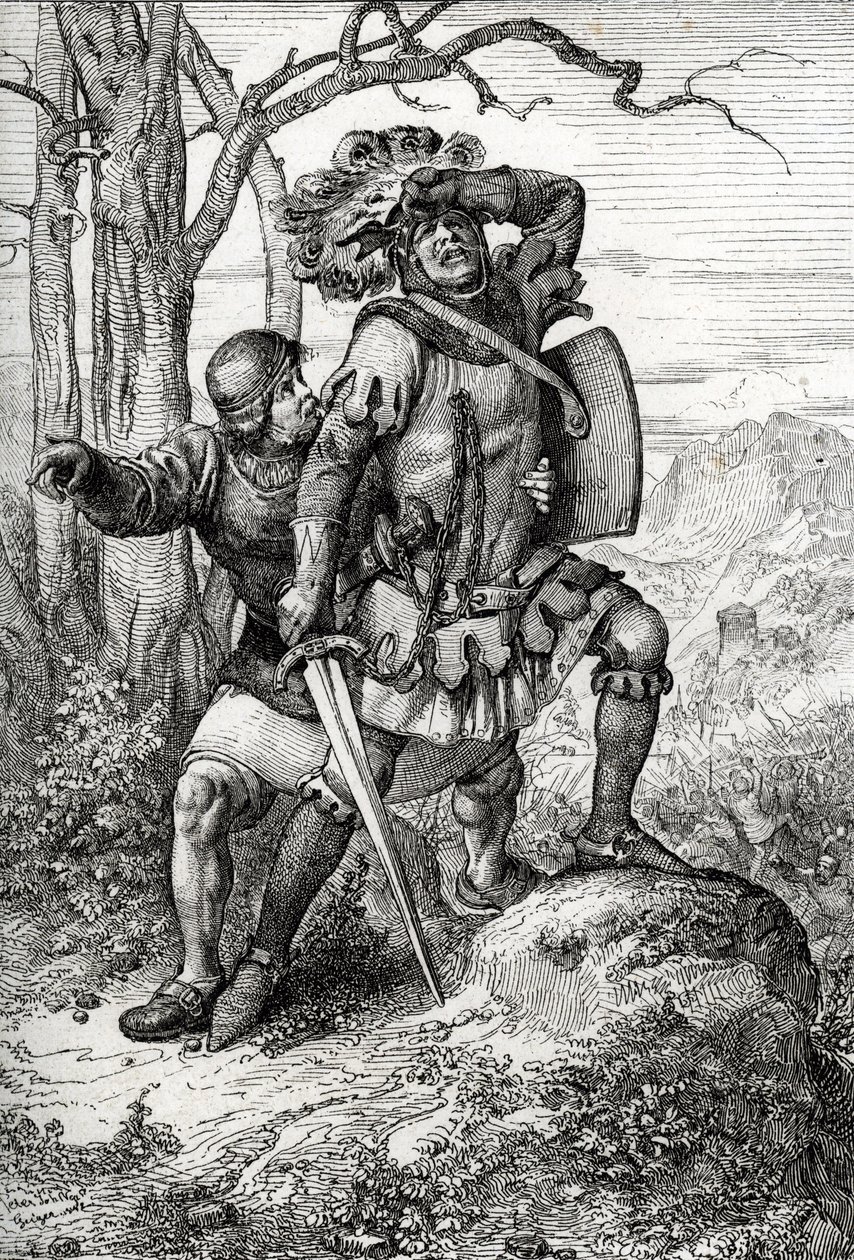 Hertug Leopold I af Østrig, Herre af Habsburg redder af en af sine ledsagere i slaget ved Morgarten den 15. november 1315 mod de schweiziske konfødererede, Schweiz (slaget ved Morgarten den 15. november 1315, Leopold I, hertugen af Østrig reddet af en sold af Peter Johann Nepomuck Geiger
