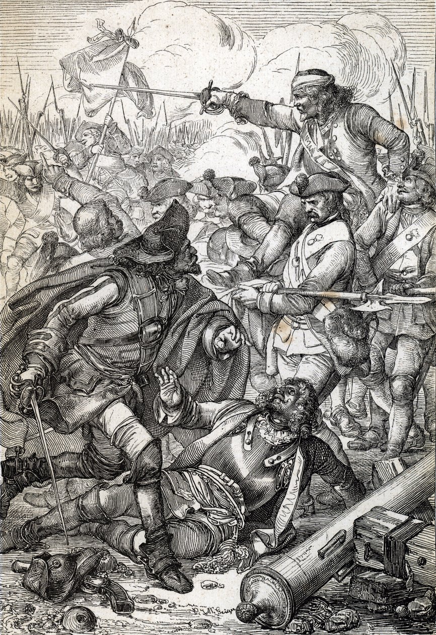 Store Nordlige Krig: "" Slaget ved Poltava (eller Pultawa) mellem Armee af Peter I af Rusland og tropperne fra Charles XII af Sverige, 8/07/1709"" (Den Store Nordlige Krig: Slaget ved Poltava, 8. juli 1709 ) Fjertegning fra “” Historische Memorabilian des af Peter Johann Nepomuck Geiger