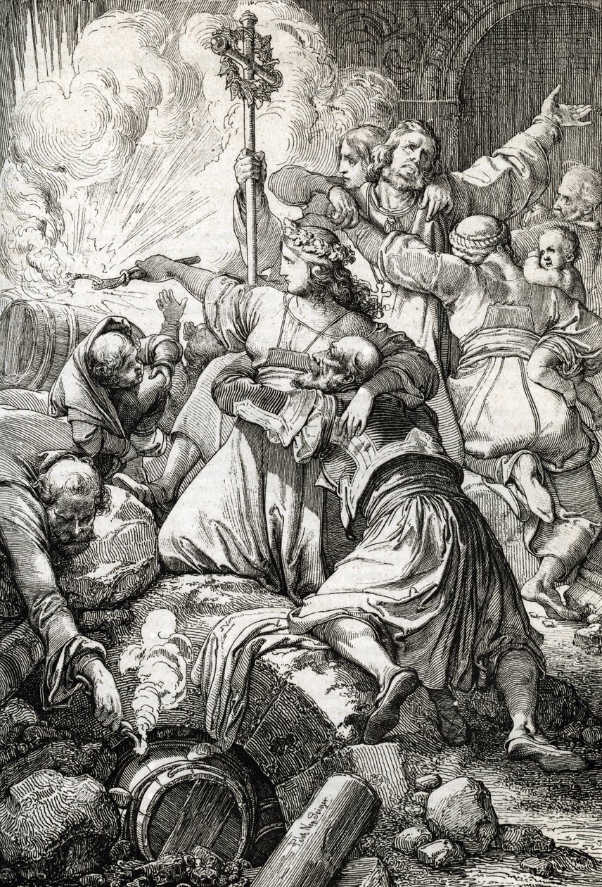 Græsk uafhængighedskrig: Den tredje af Missolonghi mellem det osmanniske imperium og de græske oprørere, fra 15. april 1825 til 10. april 1826: Mange af grækerne dræbte sig selv ved at sprænge sig selv med krutt snarere end overgivelse efter fejlen E af Peter Johann Nepomuck Geiger