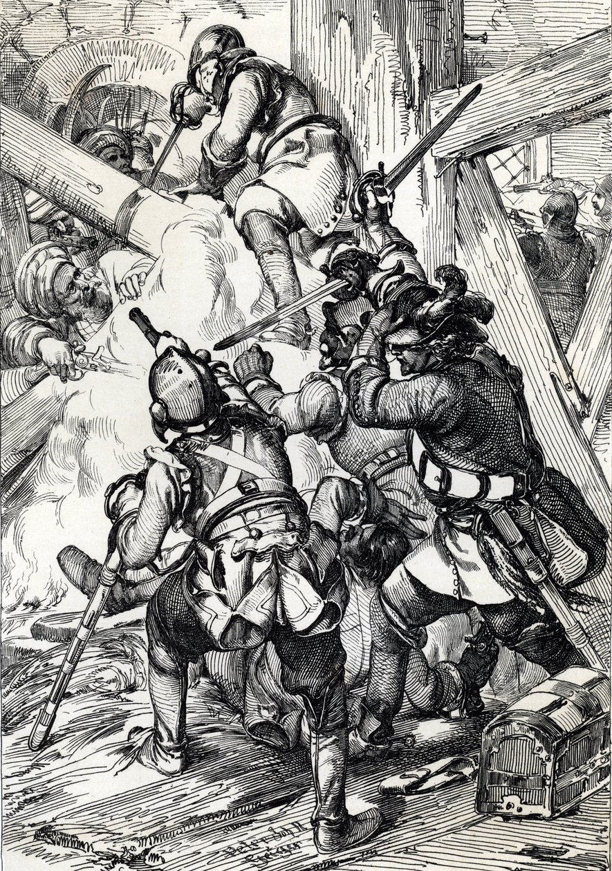 Kong Charles (eller Carl) XII af Sverige (1682-1718) forsvarede mod tyrkerne i Bender (Bendery) februar 1713, Moldaie (forvist kong Charles (Carl) XII af Sverige forsvarede mod pøbelen og de osmanniske janitsjarer, Bender, februar 1713 ) Tegning af en kugl af Peter Johann Nepomuck Geiger