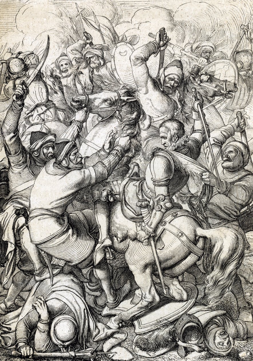 Kong Sebastian I af Portugal (1554-1578) taget til fange i slaget ved Alcacer-Quibir (Ksar el-Kebir eller slaget om de tre konger) den 4/08/1578 i Marokko (kong Sebastian I af Portugal til fange i slaget ved Ksar El Kebir (Slaget om de tre konger eller Alc af Peter Johann Nepomuck Geiger
