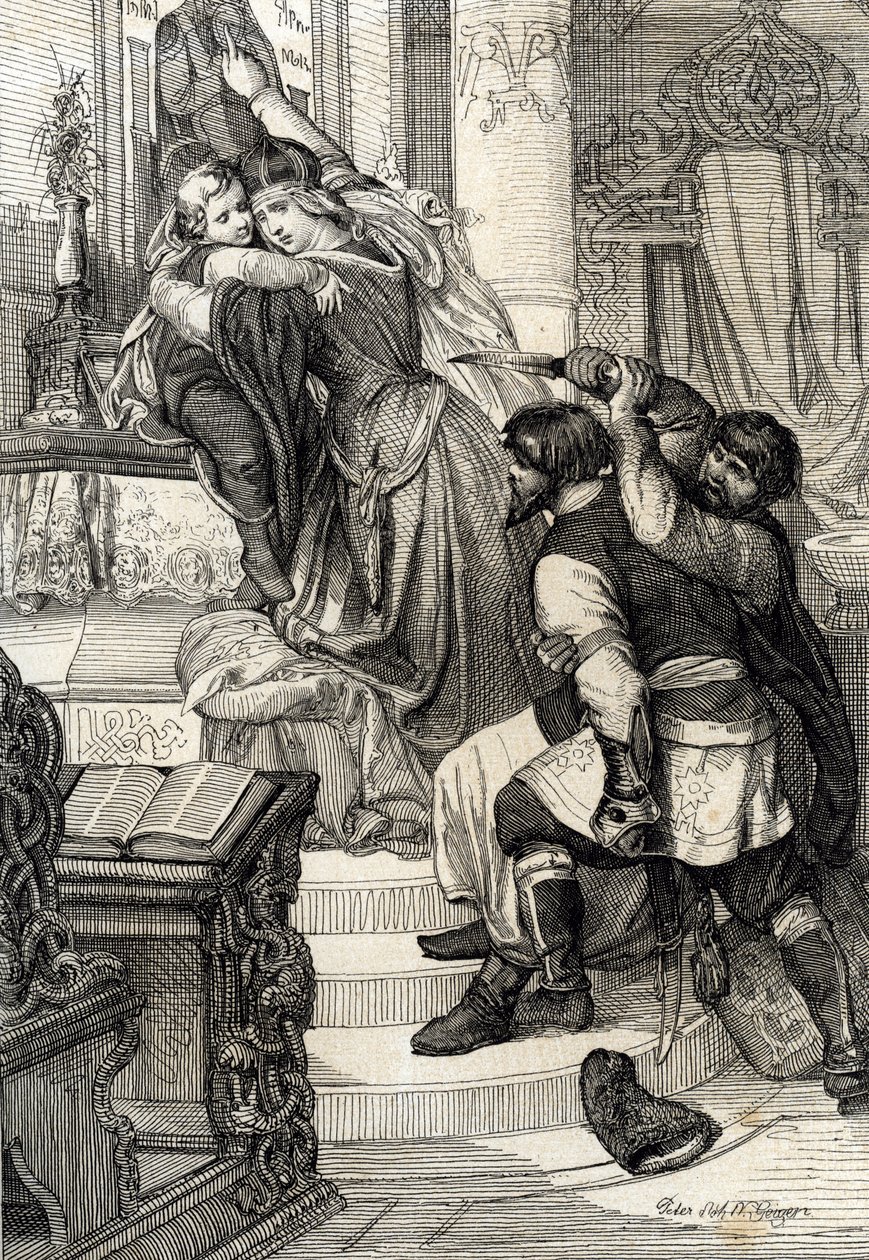 Moskva-oprøret i 1682 (ophævelse af streltsyen i 1682): Tsarina Natalia Narychkina beskytter sin søn prins Peter (1672-1725) mod angreb fra streltsyerne (strelets), Rusland (Moskva-oprøret i 1682 eller streltsy-oprøret: Tsarrysh-protesten Natalia Natalia af Peter Johann Nepomuck Geiger