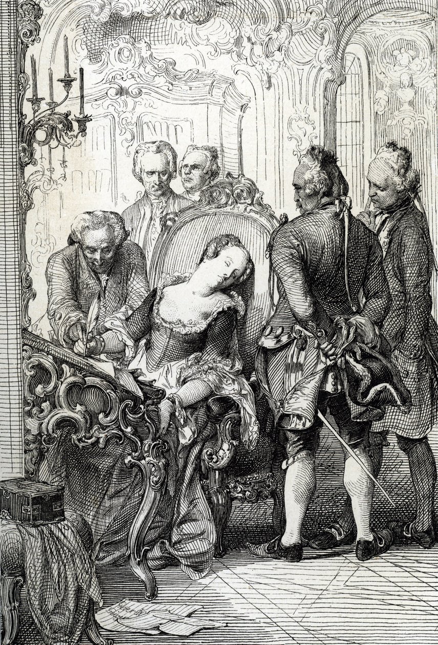 Dronning Caroline Mathilde (Caroline-Mathilde) af Danmark (1751-1775) blev tvunget til at underskrive skilsmissedokumenterne efter sit udenomsægteskabelige eventyr i 1772 (Danmarks dronning Caroline Matilda underskrev skilsmissepapirerne i april 1772 for u af Peter Johann Nepomuck Geiger