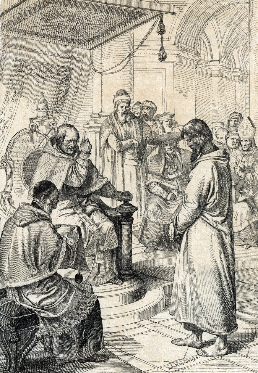Queril of the investitures, Canossas anger: I Canossa beder kejser Henrik IV af Det Hellige Romerske Rige (1050-1106) i angrende dragt om tilgivelse fra pave Gregoire VII (Hildebrand: 1015/20-1085) og gør ærefuldt bod på det i januar 1077 " (Væggen af Peter Johann Nepomuck Geiger