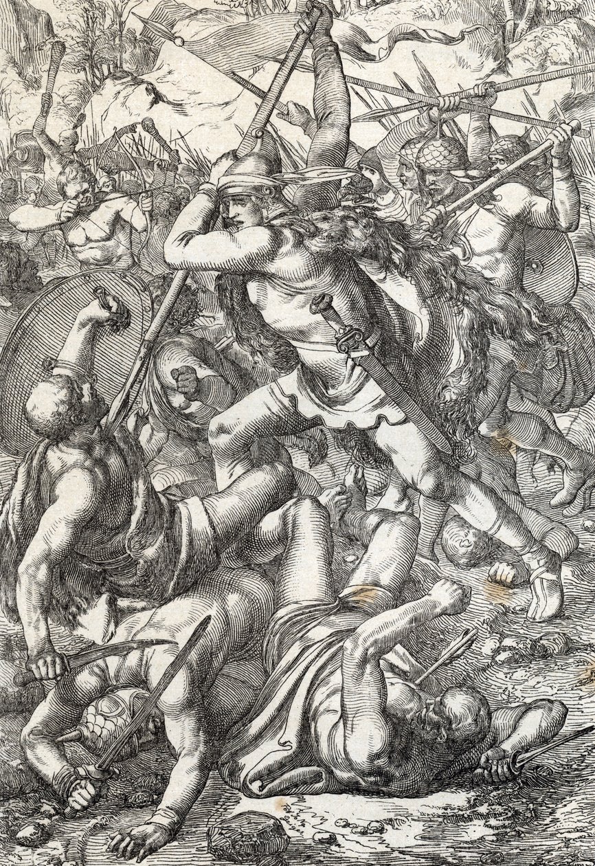 Repræsentation af erobreren Pelage (Pelagius eller Pelayo) (død 737) konge af Asturien triumferende mod saracenerne, 719 Covadonga, Spanien af Peter Johann Nepomuck Geiger