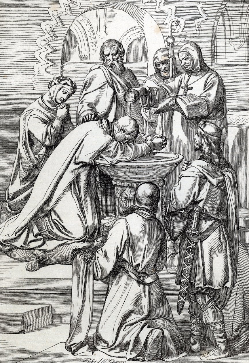 Repræsentation af Saint Augustine af Canterbury (død 604), sendt til England af pave Gregoire den Store i 596 for at omvende angelsakserne - Han er her før Ethelbert, angelsaksisk konge af Kent (552? -616), som han døbte i 597 (Augustin, første biskop o af Peter Johann Nepomuck Geiger