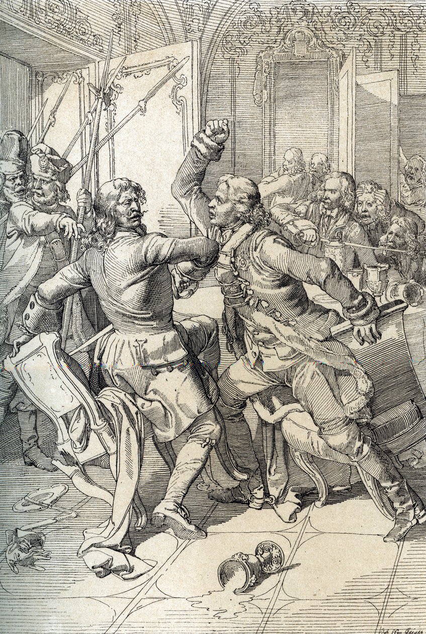 Streltsy-oprør: arrestation af medlemmer af streltsy-regimenter (strelets) efter deres ophævelse i 1698 mod progressive innovationer fra tsar Peter den Store, Rusland (Streltsy-opstand: mistænkte medlemmer af Moskvas Streltsy-regimenter arresteret efter St af Peter Johann Nepomuck Geiger