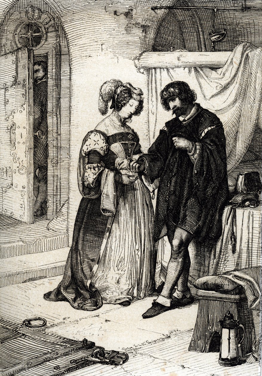 Greven af Essex Robert Devereux (1565-1601) dømt til døden for forræderi overrakte Elizabeth Howard, grevinde af Nottingham og æresdame af Elisabeth Iere af England, et ringløfte om hendes loyalitet over for dronningen af Peter Johann Nepomuck Geiger
