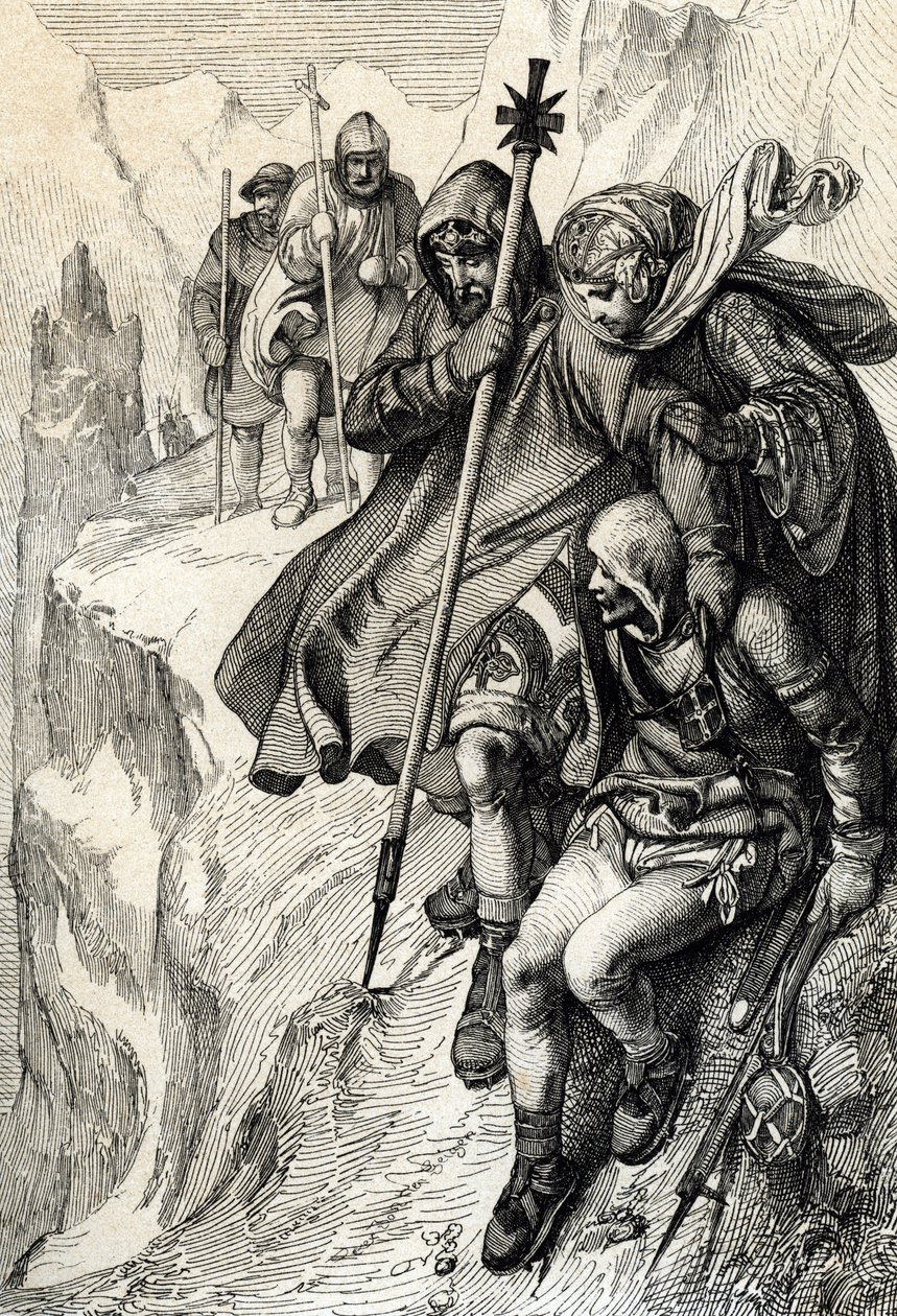 Romernes konge Henrik IV passerer passet af Mount Cenis for at krydse Alperne og gå til grevinde Mathilde af Toscana til Canossa, hvor pave Gregoire VII, januar 1077” (Henry IV krydsede Alperne ved Mont Cenis passet for at nå slottet Canossa og af Peter Johann Nepomuck Geiger