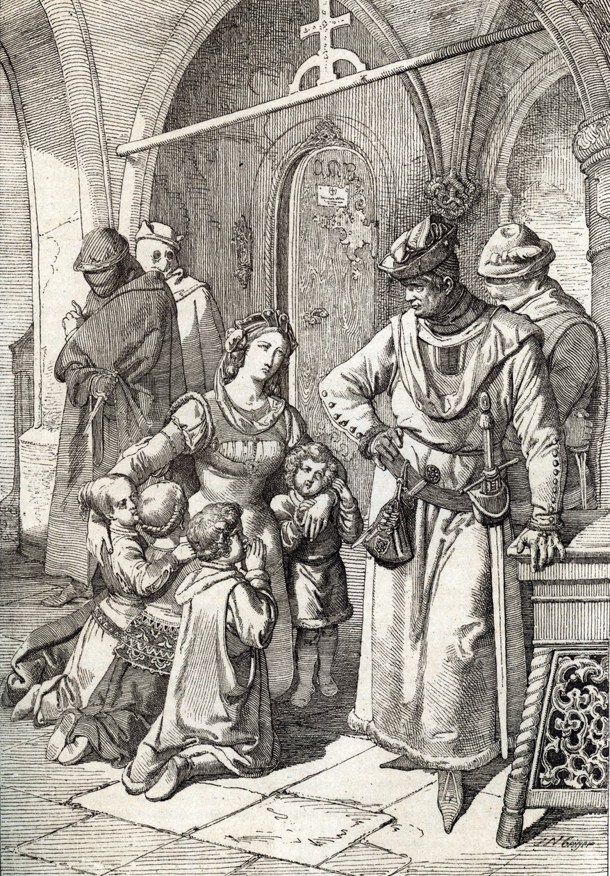 Mordet på den adelige dame Ines de Castro (1320-1355), anden hustru til Peter I (Pedro I) af Portugal i klostret Santa Clara de Coimbra, Portugal 1355 (Hustru til kong Peter I af Portugal Ines Castros mord i klostret af Santa Clara i Co af Peter Johann Nepomuck Geiger