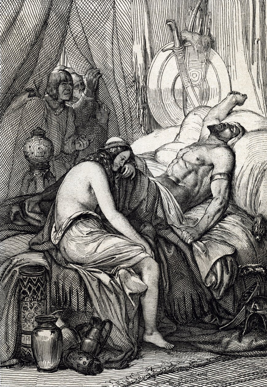 Hunnernes konge Attilas død (395-453) under hans søvn på sin bryllupsnat med germaine Ildico, 453 (Attilas død, hunernes hersker på hans bryllupsnat, hendes brud Ildico græder over hans krop, 453 ) Fjertegning hentet fra “Historis af Peter Johann Nepomuck Geiger