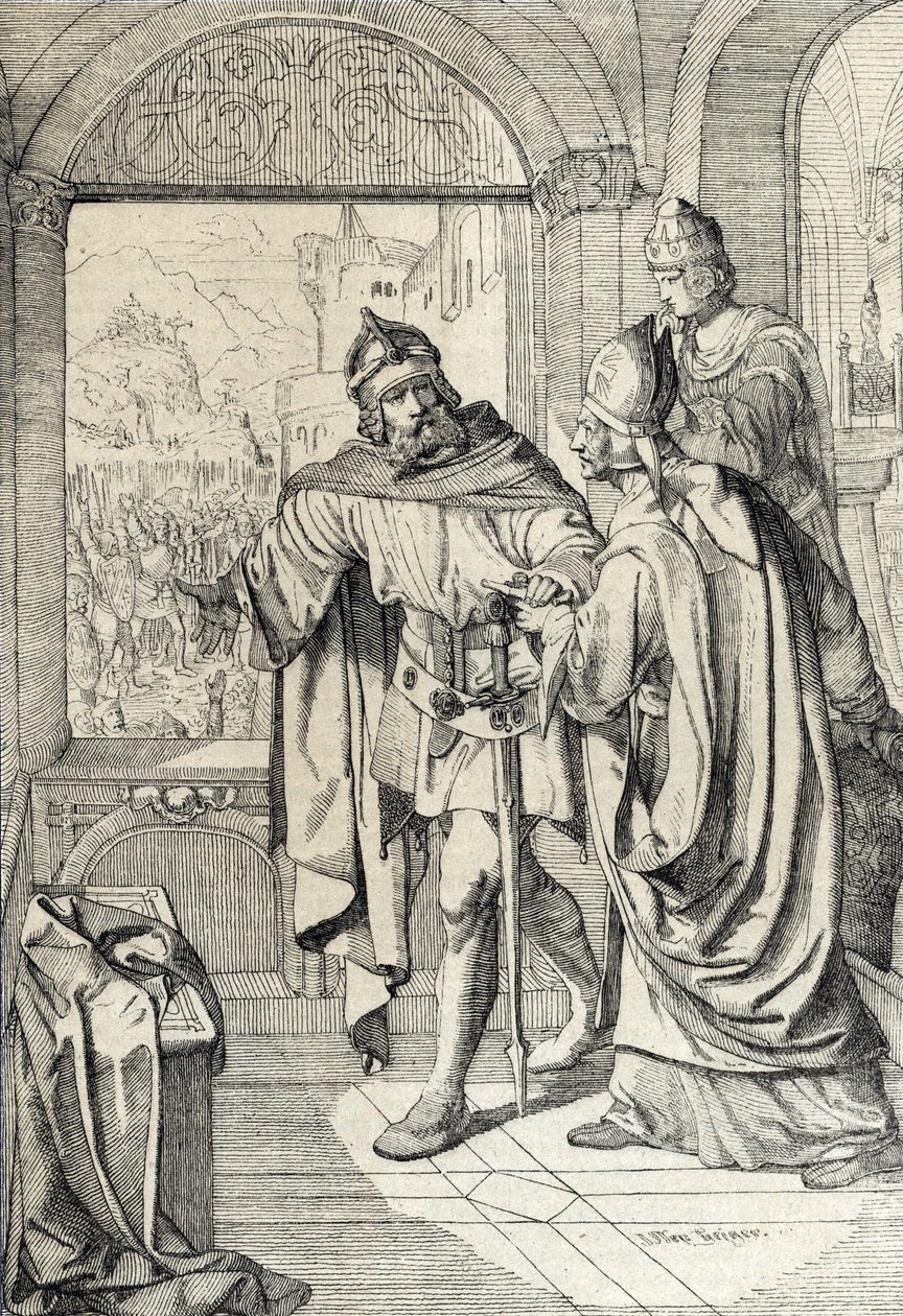 De første medlemmer af Habsburg-dynastiet Radbot og Eveque Werner på tidspunktet for opførelsen af Habsburg-huset i Aargau, Schweiz af Peter Johann Nepomuck Geiger