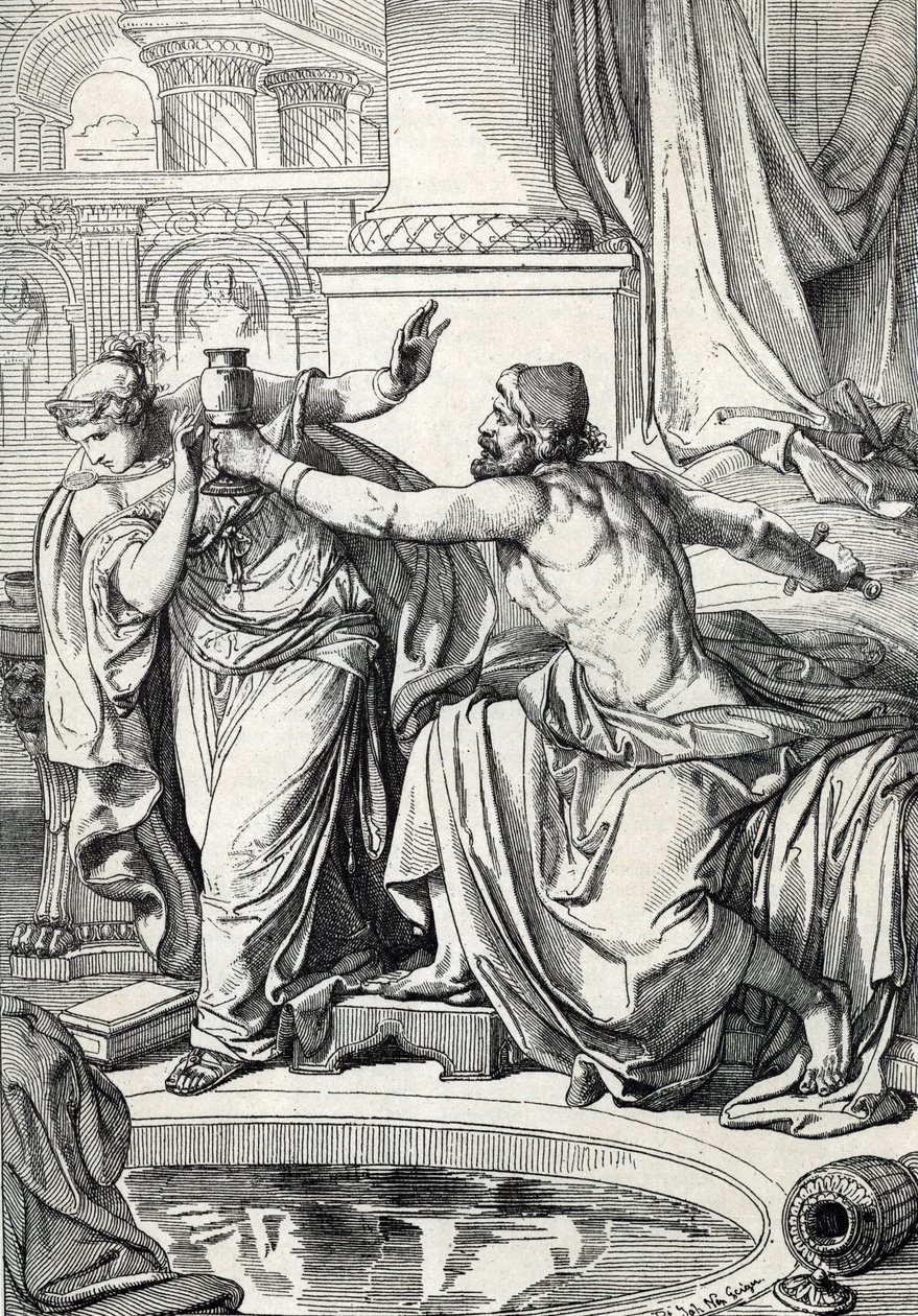Den gepide prinsesse Rosemonde (død 572) og hendes elsker, morderen af hendes mand, kong Alboin, forgiftede sig selv med den samme kop gift, 572 (Gepid prinsesse Rosamund (eller Rosamunde) og hendes elsker dræber sig selv med den samme kop gift, 572) Tegni af Peter Johann Nepomuck Geiger