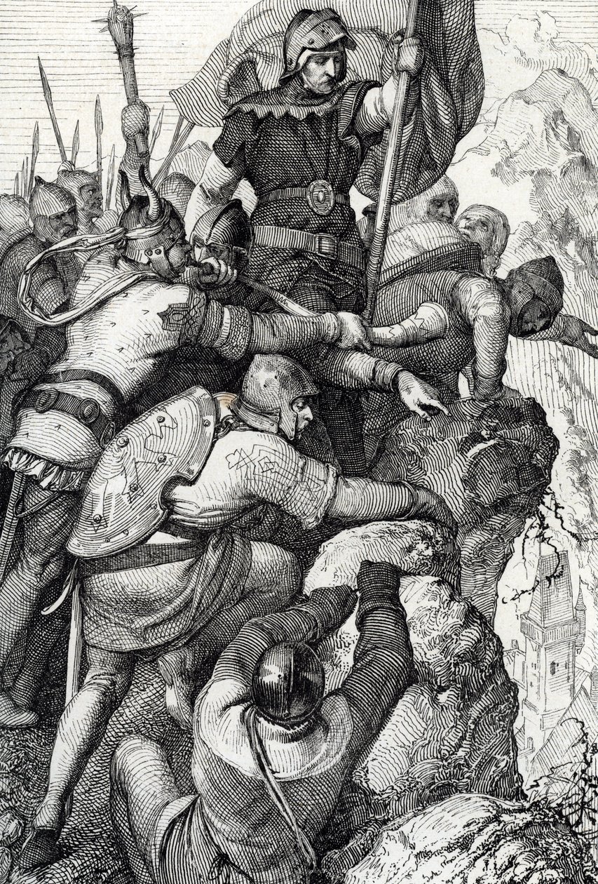 Tropperne fra Othon I af Baviere (1117-1183) nær Verona i Italien 1155 (Otto I, hertug af Bayern og hans hær nær Verona, Italien 1155) Fjertegning fra "Historische Memorabilian des In-und Auslandes"" (Historiske souvenirs) af Anton Ziegler af Peter Johann Nepomuck Geiger