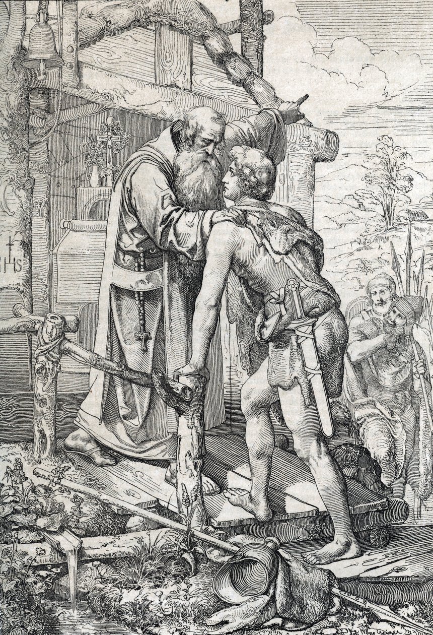 Den unge Odoacre (ca. 433-493) modtager Severins velsignelse, Apotre de Norique, ca. 470 (Odoacer møder munken Severinus af Noricum, der erfarer ham, at han en dag ville blive berømt, 470 ca.) Tegning af en pen tegnet fra "" Historische Memorabilian des af Peter Johann Nepomuck Geiger