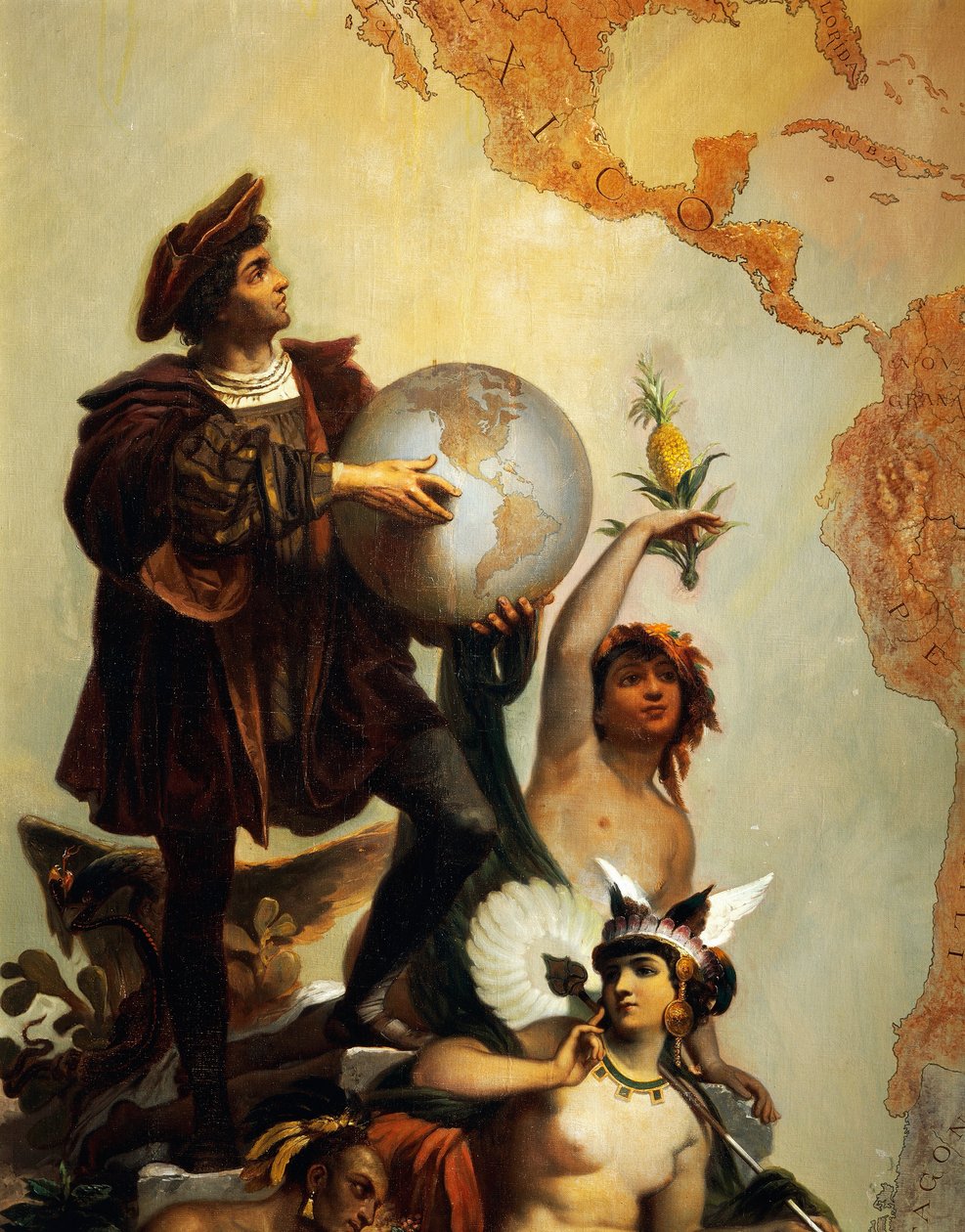 Christopher Columbus (1451-1506), detalje fra Allegori om Charles V af Habsburg (1500-1558) som verdens hersker, maleri af Peter Johann Nepomuk Geiger (1805-1880), Throne Room, Miramare slot, Trieste, Friuli-Venezia Giulia, Italien af Peter Johann Nepomuk Geiger
