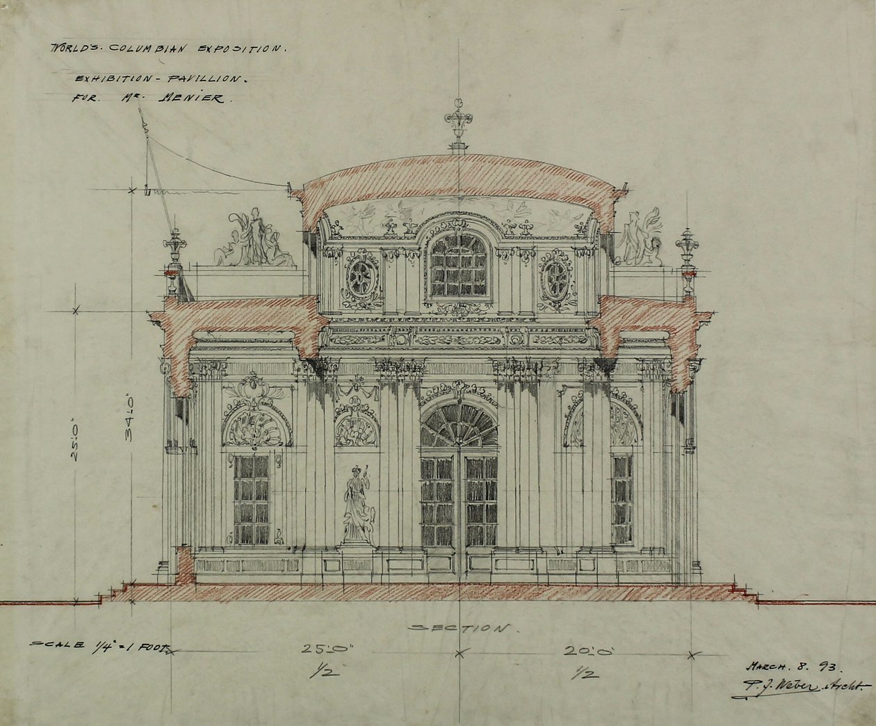 Chokolade-Menier-pavillon, colombiansk verdensudstilling, Chicago, Illinois, sektionsskitse af Peter Joseph Weber