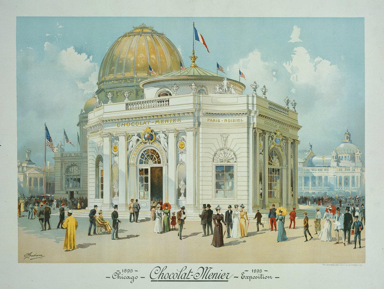 Chocolate-Menier Pavilion, Verdens colombianske udstilling, Chicago, Illinois, Perspektivudsigt, 1893. af Peter Joseph Weber