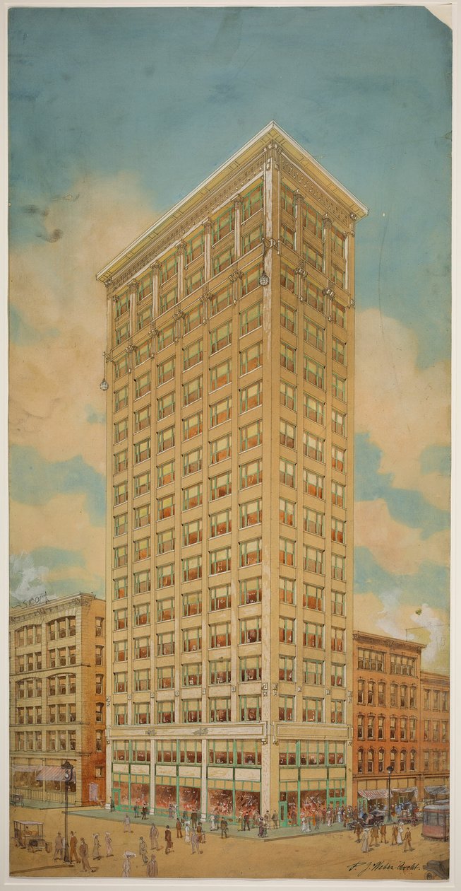 Prairie School Skyscraper, Chicago, Illinois, Perspektiv, 1910. af Peter Joseph Weber