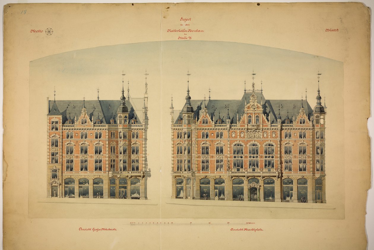 Rathskeller ny bygning, Halle (Saale), Sachsen-Anhalt, Tyskland, Elevations af Peter Joseph Weber
