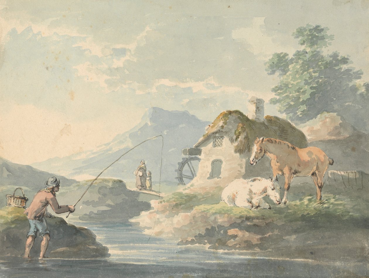 Rustik scene: mand fiskeri, venstre; sommerhus med vandmølle og heste lige af Peter La Cave