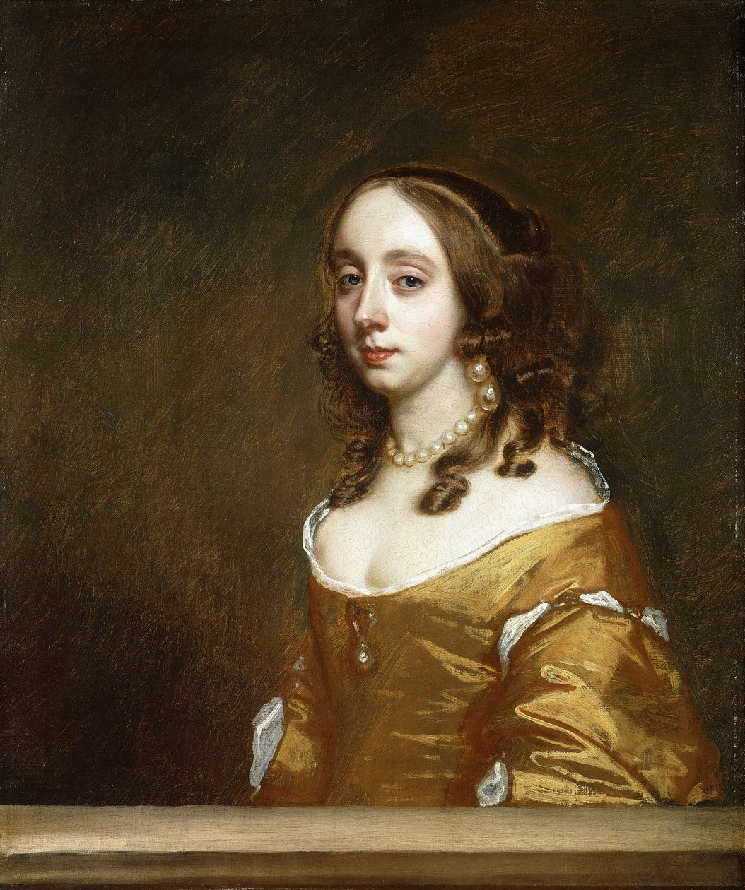 Portræt af en dame fra Popham-familien, halvlang, bag en kasse, iført en orange kjole, af Peter Lely