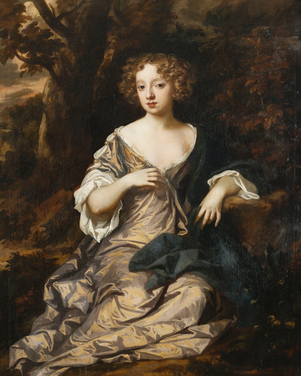Portræt af en dame, siddende i fuld længde, i et skovklædt landskab, iført en violet silkekjole med hvide ærmer og besætninger, af Peter Lely