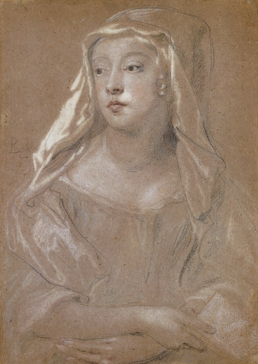Portræt af en ung dame, traditionelt identificeret som Sarah Jennings, hertuginde af Marlborough, halv længde, holder en bog, hendes hænder krydset på skødet, hendes hovedkjole draperet på hendes skuldre, 1667 af Peter Lely