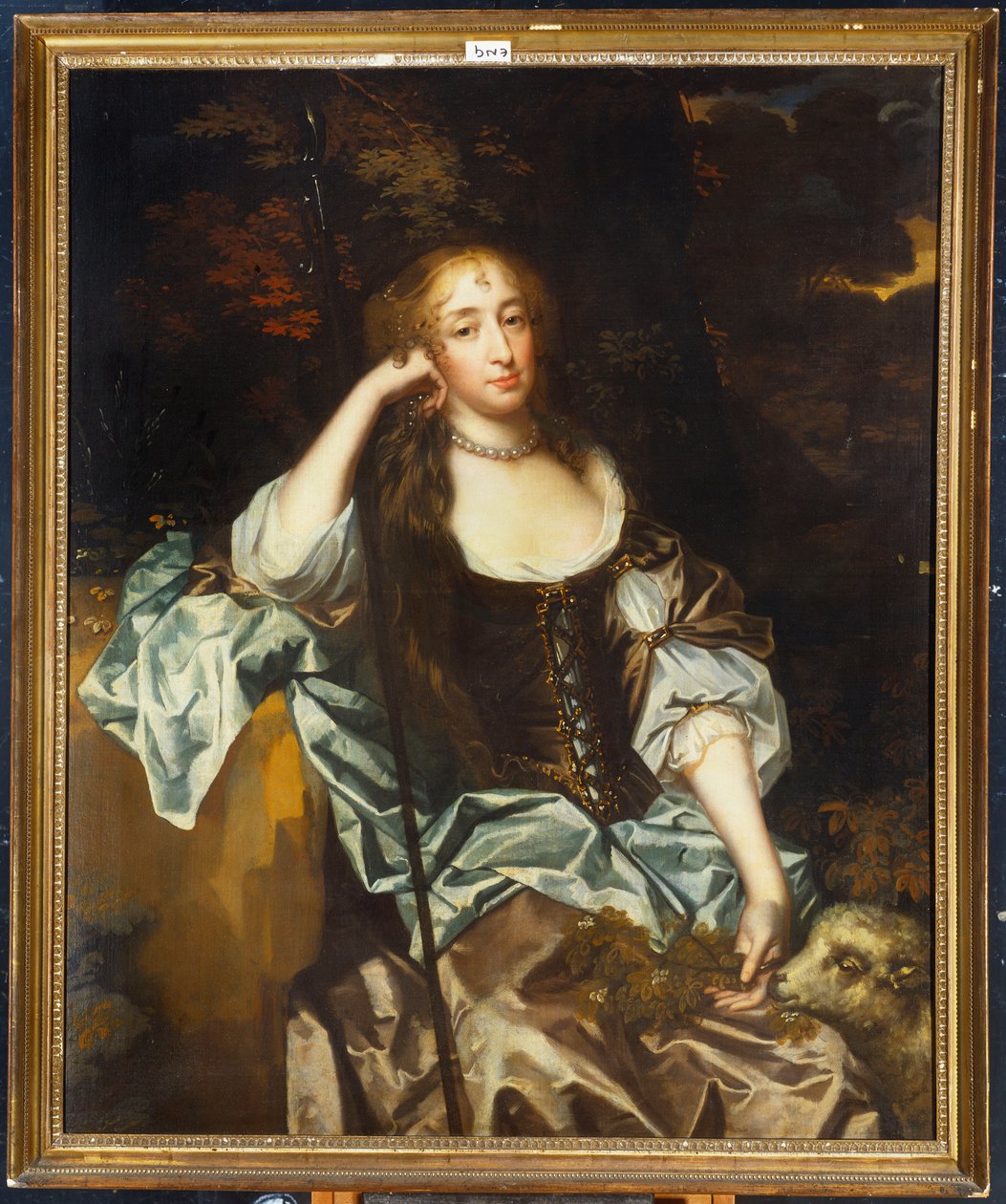 Portræt af en dame med sit kæledyrslam ved sin side af Peter Lely