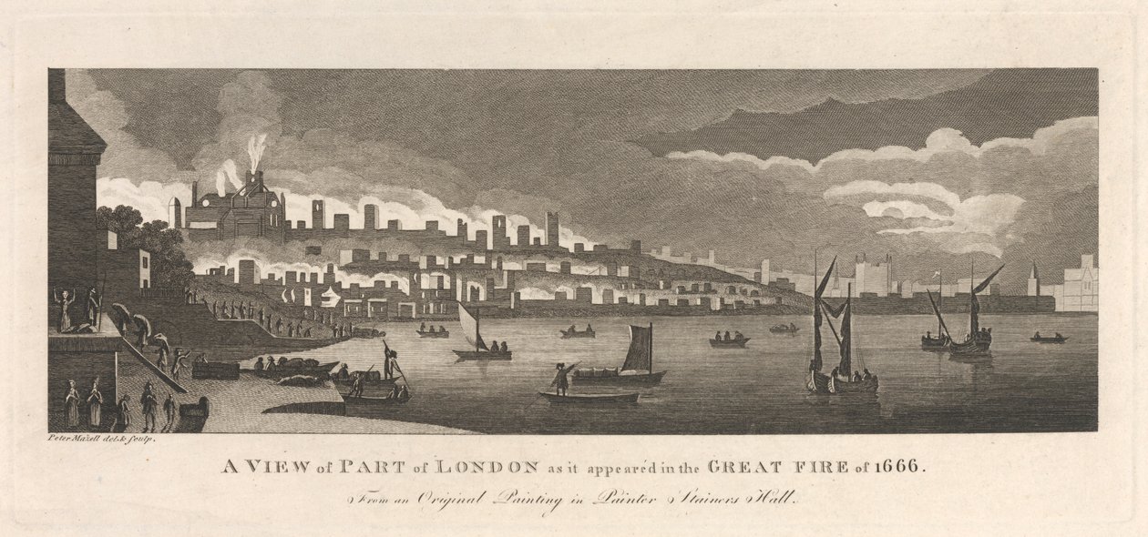 En udsigt over en del af London, som den så ud i den store brand i 1666 af Peter Mazell
