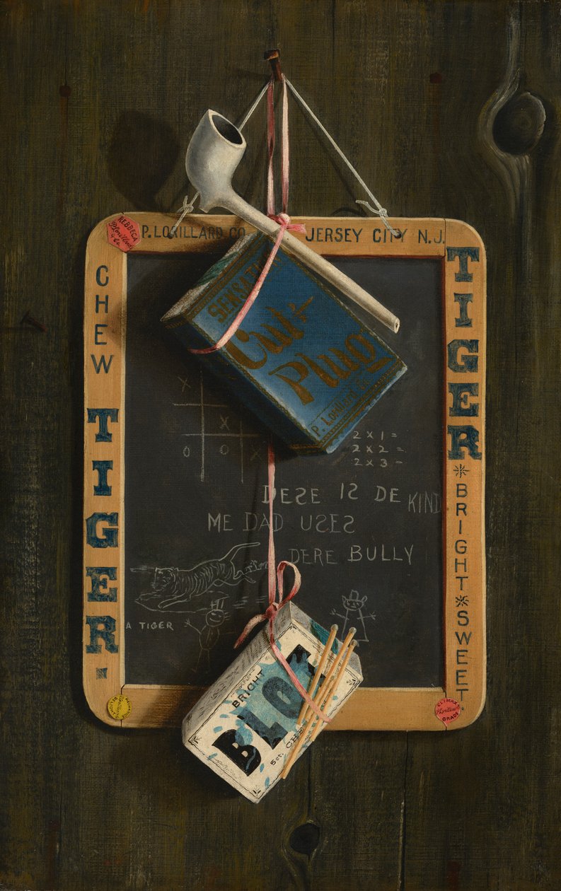 Skifer, pibe, tobak og æske med tændstikker, ca. 1890-1900 (olie på lærred) af Peter McCallion
