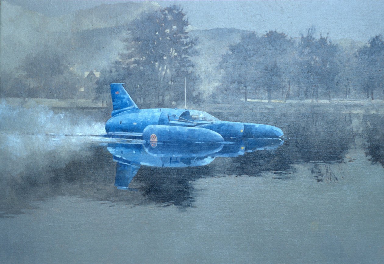 Donald Campbell og Bluebird (olie på lærred) af Peter Miller