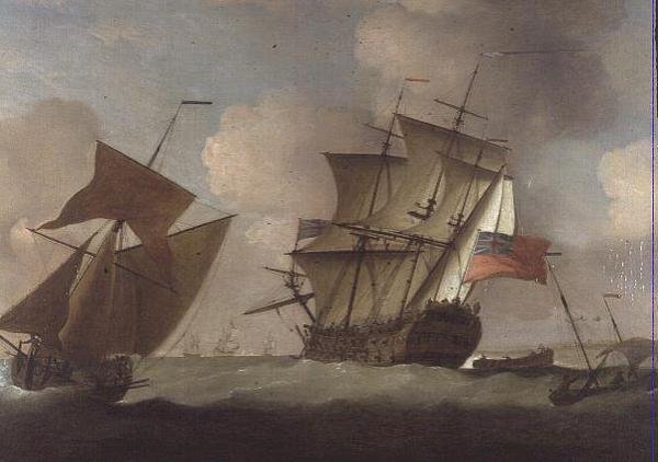 En tredjerangs slutter sig til hendes eskadron ud for Elizabeth Castle, Jersey af Peter Monamy