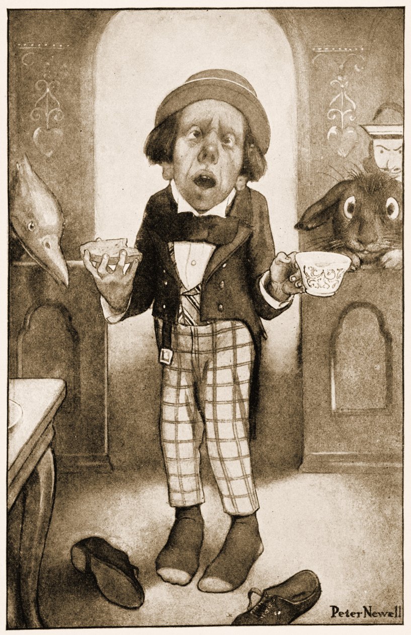 Jeg er en stakkels mand, Deres Majestæt, Hattemageren begyndte, med skælvende stemme, illustration til Lewis Carrolls Alices Adventures in Wonderland, 1901 af Peter Newell