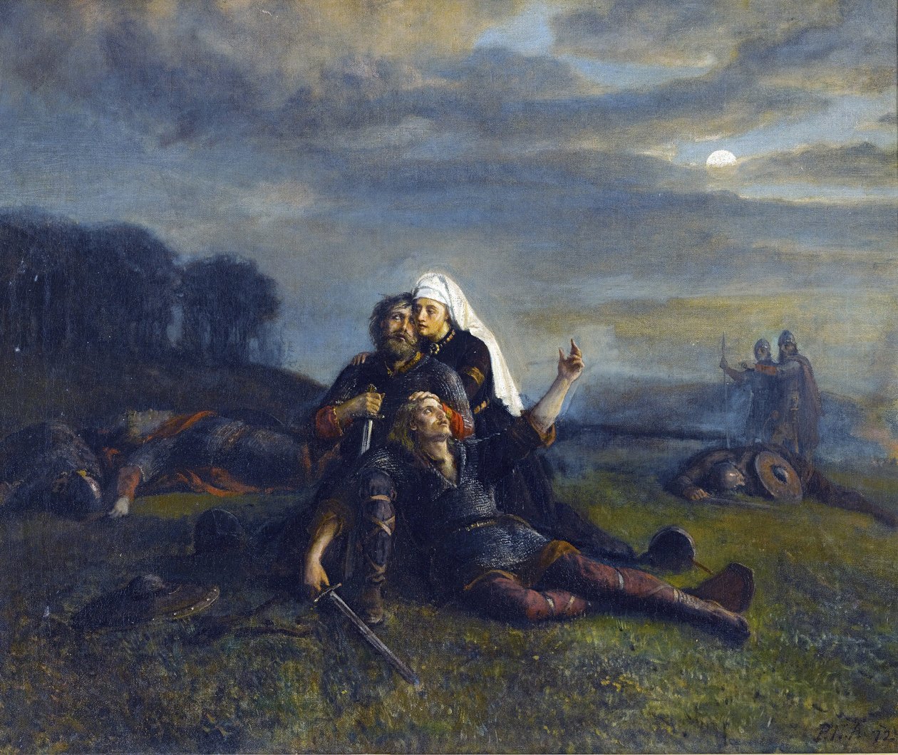Slaget ved Stiklestad (29. juli 1030) - Efter slaget - af Peter Nicolai Arbo (1831-1892), - Olie på lærred, 51x61,5 - Privat samling af Peter Nicolai Arbo