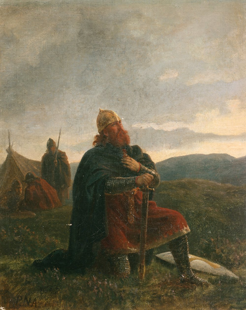Den hellige Olav i en bøn før slaget ved Stiklestad (olie på lærred) af Peter Nicolai Arbo