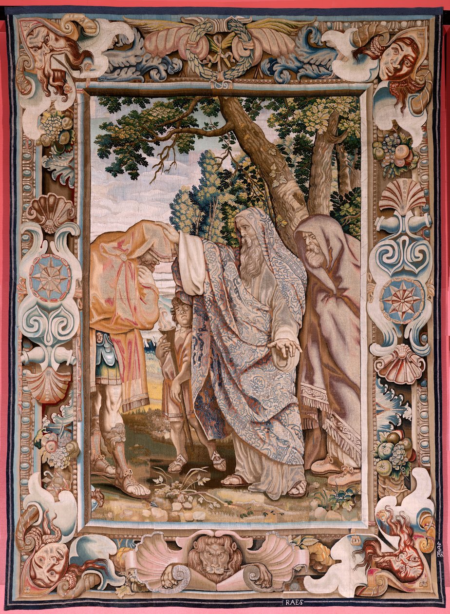 flamsk gobelin. Serie Historie om konsul Decius Mus. Valerius velsigner Decius. Fjerde gobelin i serien. Model PP Rubens. ; Fremstilling Jan Raes II, Bruxelles. Ca 1620-1629. Stof Guld, sølv, silke og uld. Størrelse 405 x 330 cm. Beliggenhed Royal Pal af Peter Paul (after) Rubens