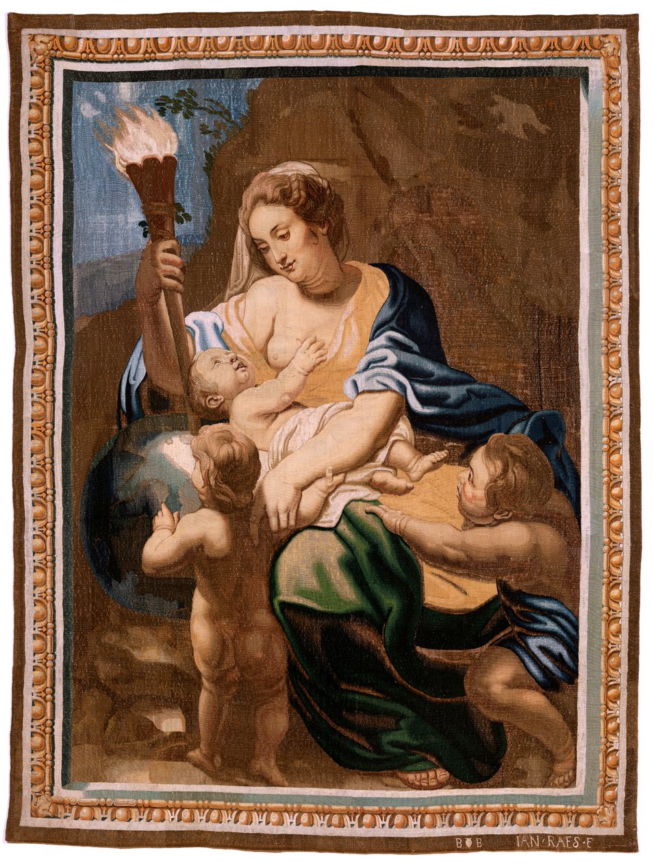 flamsk gobelin. Serien Eukaristiens triumf. Allegori om næstekærlighed, der oplyser verden (Alegoría de la Caridad iluminando al mundoà. Tyvende gobelin i serien. Model Peter Paul Rubens. 1626-1628. Fremstilling Jan II Raes, Bruxelles af Peter Paul (after) Rubens