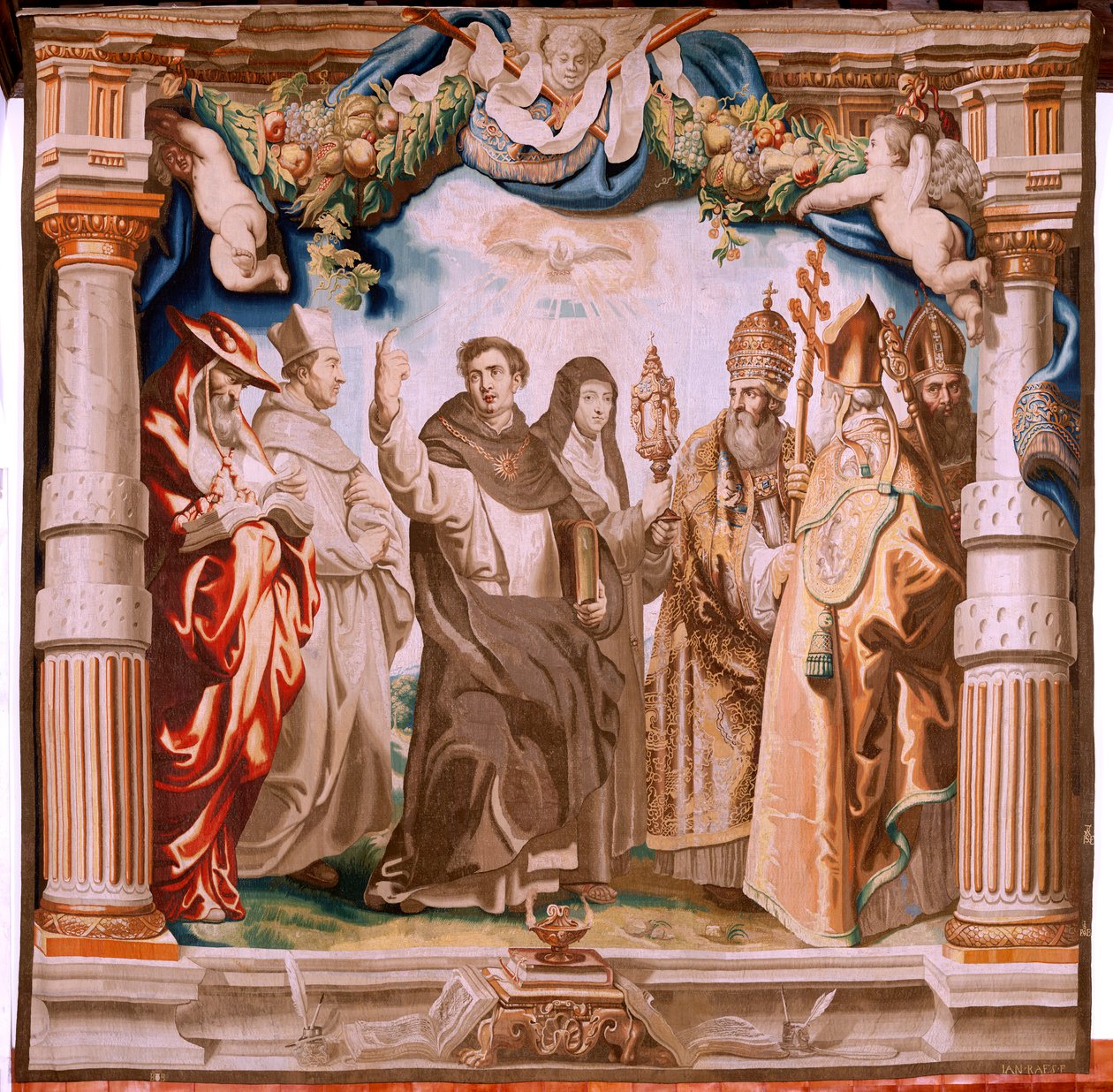 flamsk gobelin. Serien Eukaristiens triumf. Eukaristiens forsvarere (os defensores de la Eucaristía). Tiende gobelin i serien. Model Peter Paul Rubens. 1626-1628. Fremstilling Jan II Raes, Hans Vervoert, Jacques Fobert, Bruxelles af Peter Paul (after) Rubens
