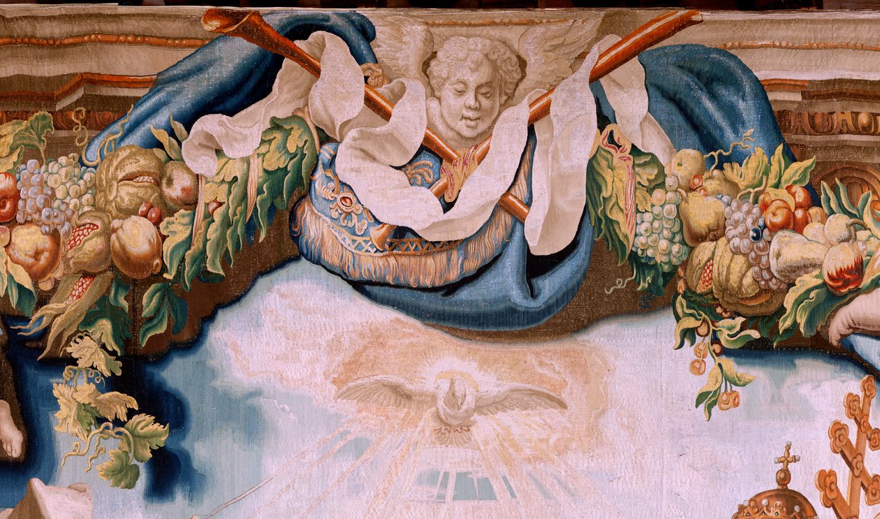 flamsk gobelin. Serien Eukaristiens triumf. Eukaristiens forsvarere (os defensores de la Eucaristía). Tiende gobelin i serien. Model Peter Paul Rubens. 1626-1628. Fremstilling Jan II Raes, Hans Vervoert, Jacques Fobert, Bruxelles af Peter Paul (after) Rubens