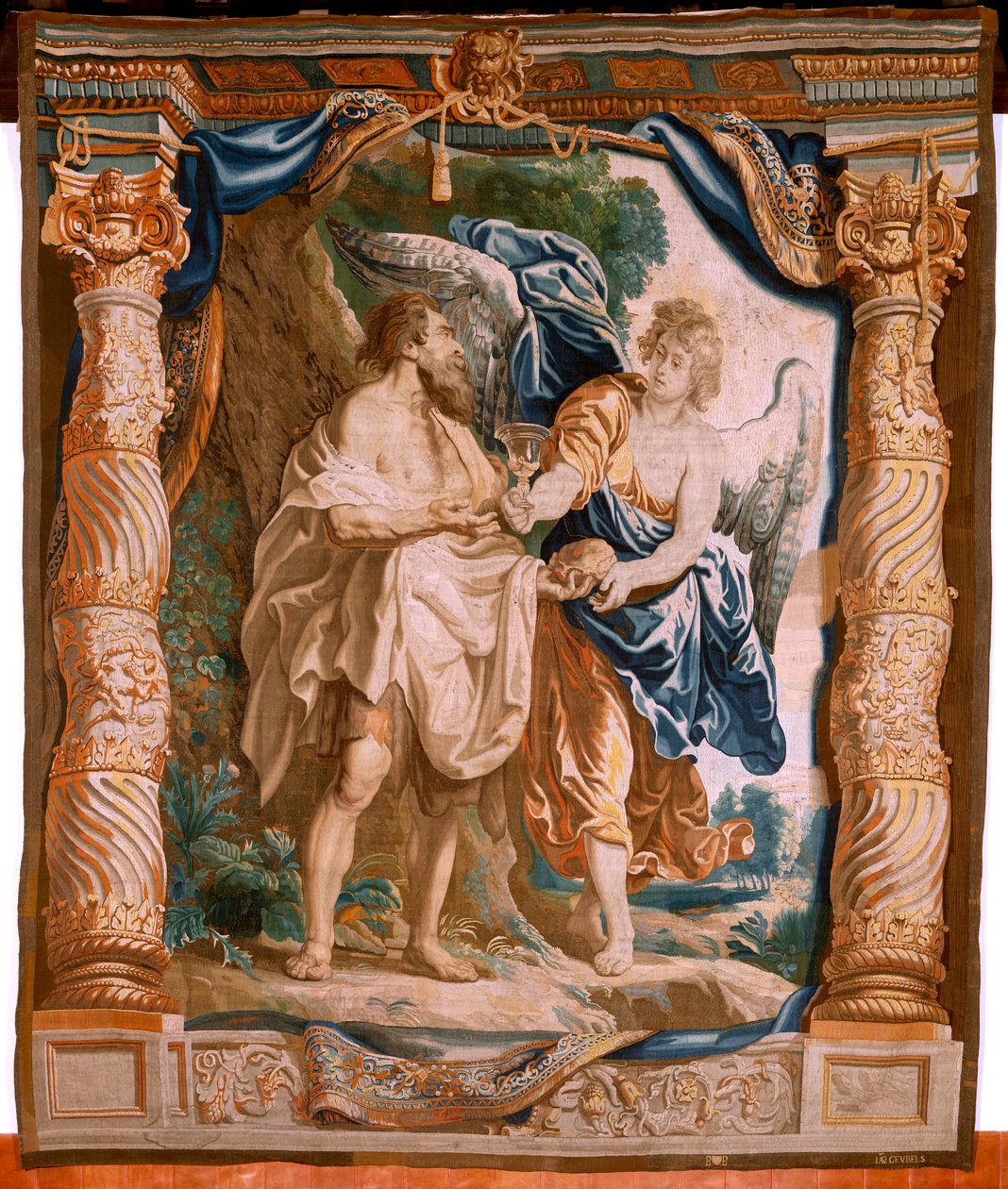 flamsk gobelin. Serien Eukaristiens triumf. Profeten Elias trøstes af englen (El profeta Elías confortado por el ángel). Femte gobelin i serien. Model Peter Paul Rubens. 1626-1628. Fremstilling Jacob II Geubels, Bruxelles af Peter Paul (after) Rubens