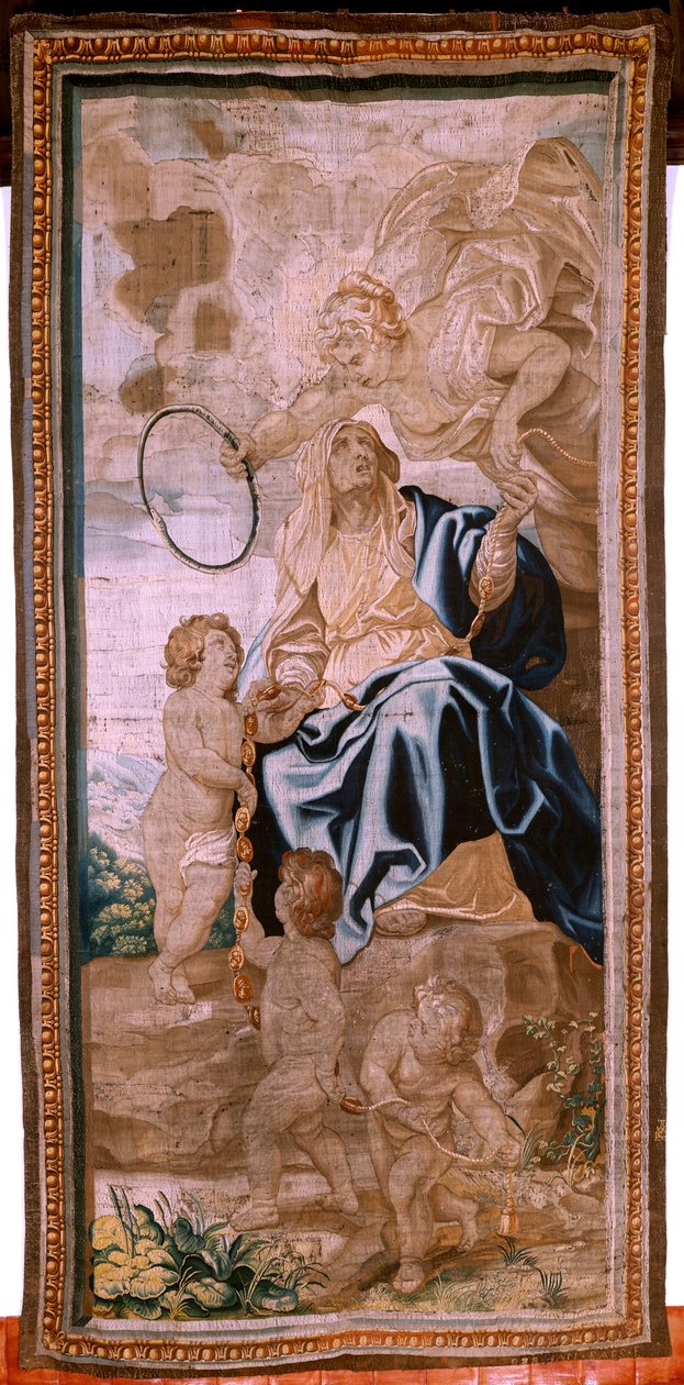 flamsk gobelin. Serien Eukaristiens triumf. Pavernes arvefølge (La sucesión de los papas). Attende gobelin i serien. Model Peter Paul Rubens. 1626-1628. Fremstilling Jan II Raes, Hans Vervoert, Bruxelles af Peter Paul (after) Rubens