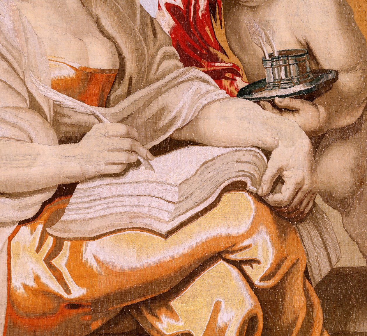 flamsk gobelin. Serien Eukaristiens triumf. Visdom er inspireret af Helligånden (La Sabiduría inspirada por el Espíritu Santo). Nittende gobelin i serien. Model Peter Paul Rubens. 1626-1628. Fremstilling Jacob II Geubels, Bruxelles af Peter Paul (after) Rubens