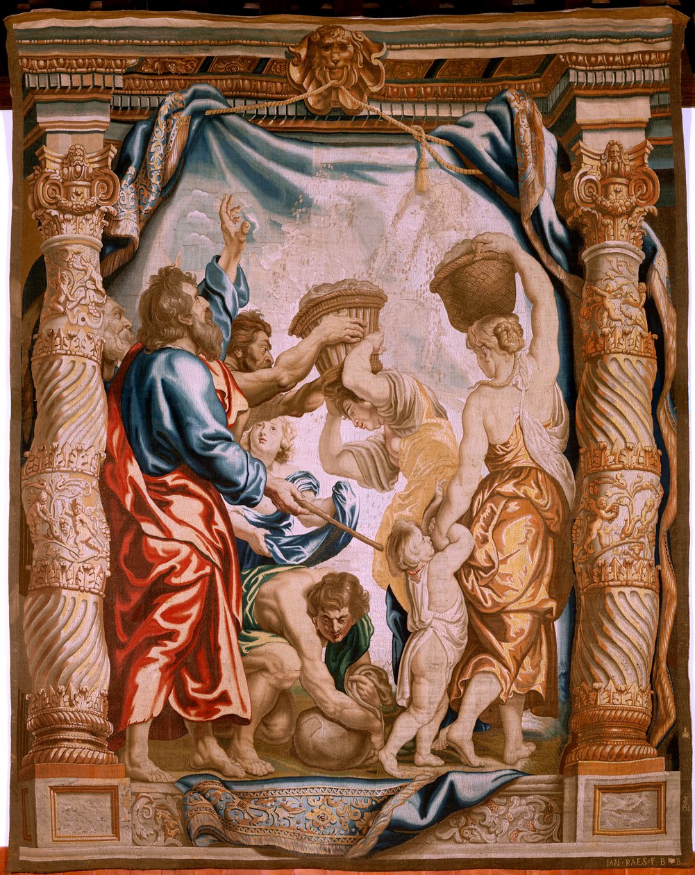flamsk gobelin. Mannens fald i ørkenen (La caída del maná en el desierto). Serien Eukaristiens triumf. Tredje gobelin i serien. Model Peter Paul Rubens. 1626-1628. Fremstilling Jan II Raes, Jacob II Geubels, Hans Vervoert, Ja af Peter Paul (after) Rubens