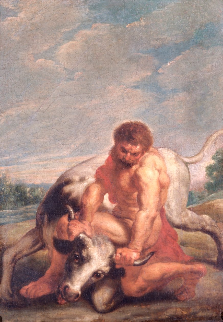 Hercules Wrestling With Achelous i form af en tyr (olie på lærred) af Peter Paul (after) Rubens