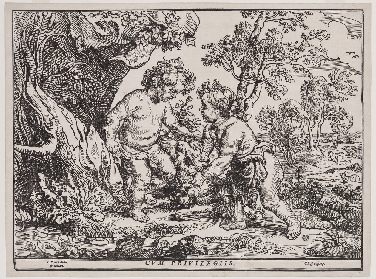 Spædbarnet Kristus og Sankt Johannes leger med et lam, gravering af Christoffel Jegher (1596-1653), efter 1632 (træsnit) af Peter Paul (after) Rubens
