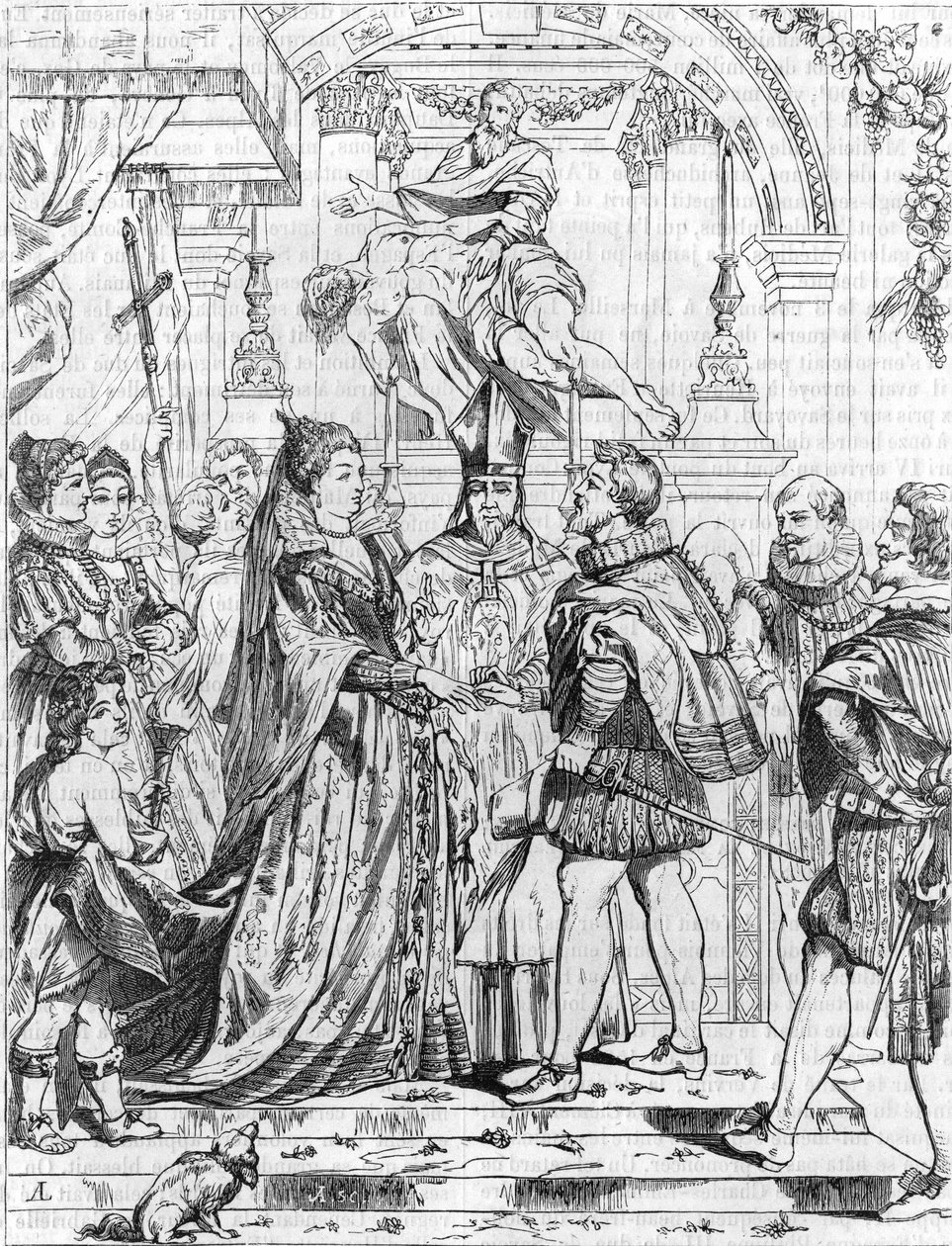 Ægteskab efter fuldmagt af Marie de Medicis (1576-1642) med Henrik IV i Firenze, 5. oktober 1600. Stik af Pierre Paul (Pierre-Paul) Rubens (eller Peter Paul eller Petrus Paulus) (1577-1640). af Peter Paul (after) Rubens