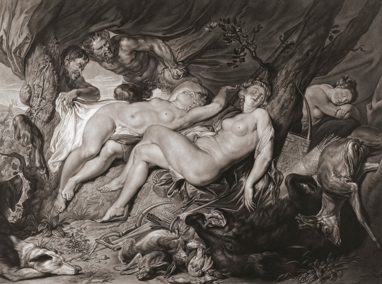 Sovende Diana og hendes nymfer spioneret af satyrer. (Print) af Peter Paul (after) Rubens